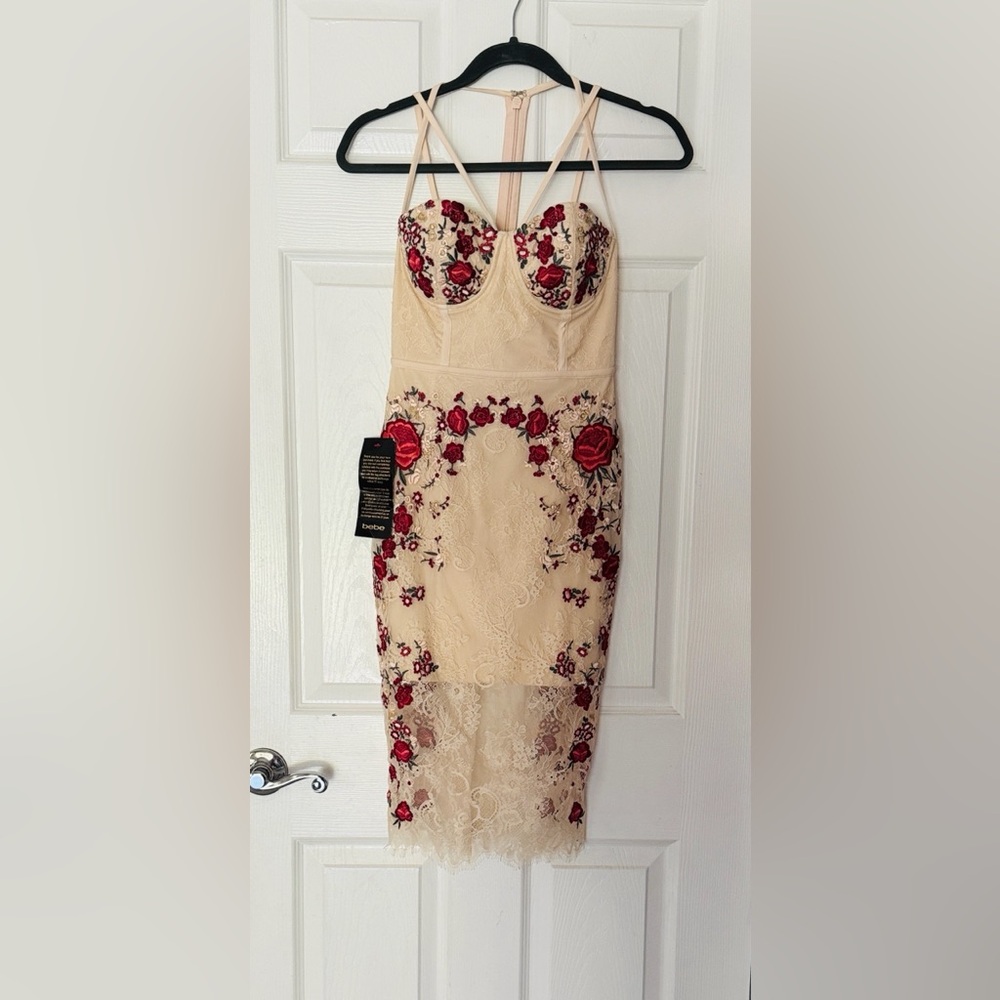 NEW BeBe light pink Beige and Red Embroidered lace Midi Dress
